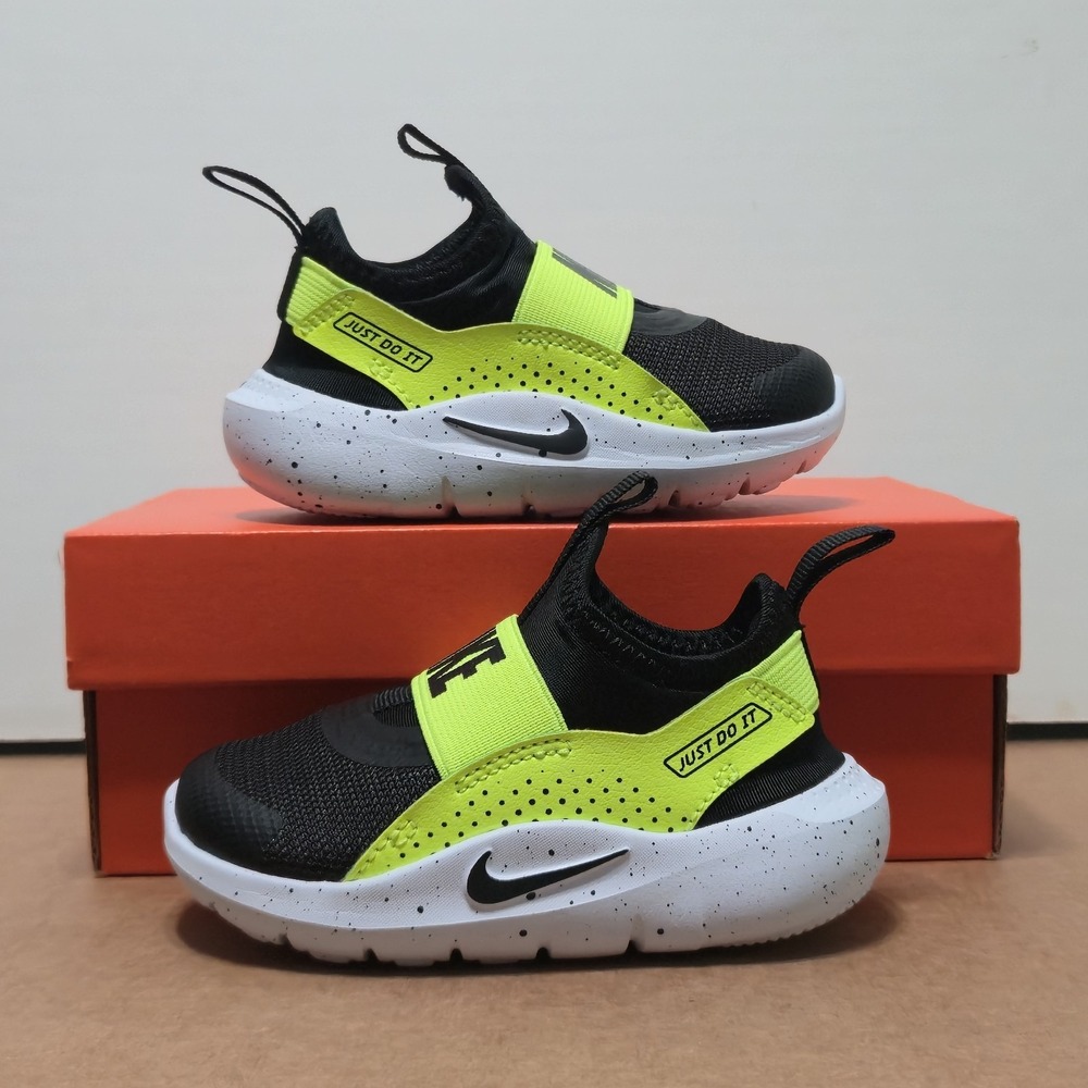 Nike Flex Runner 4 TD 5c Black Volt White Toddler Slip On Shoes IF2895-003 NEW